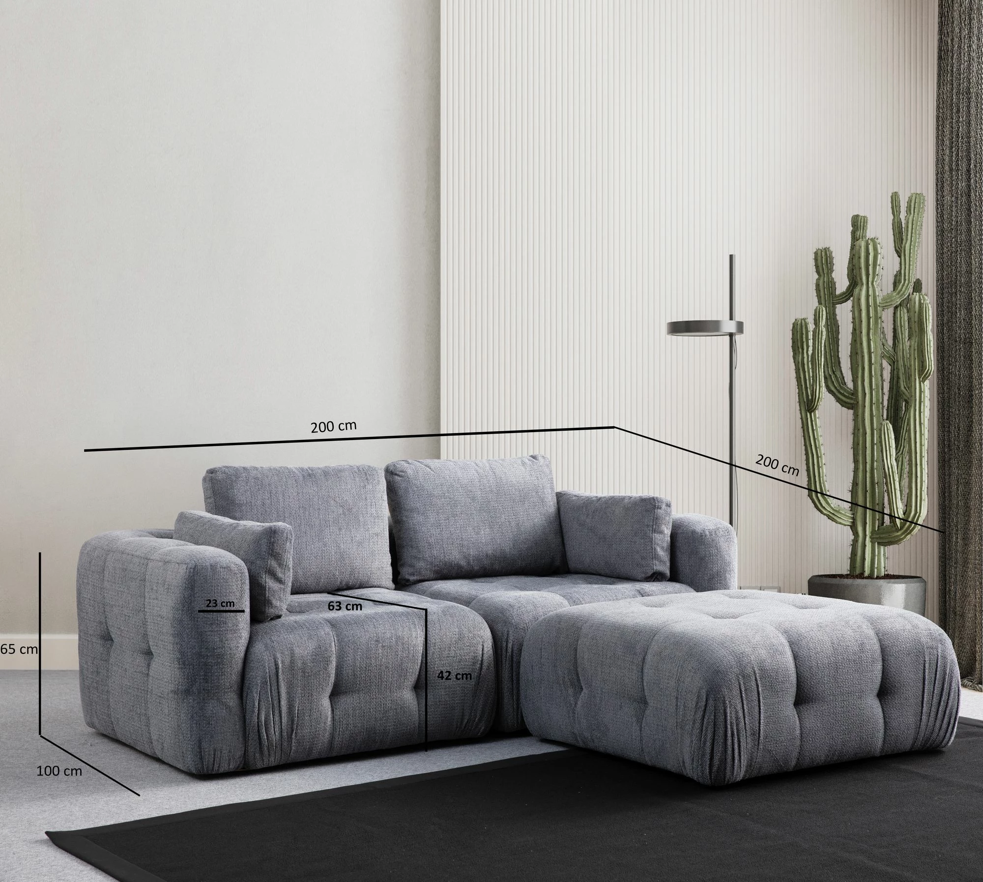Kënd-sofë Amaris, 2 vendësh me pouffe, ngjyrë gri