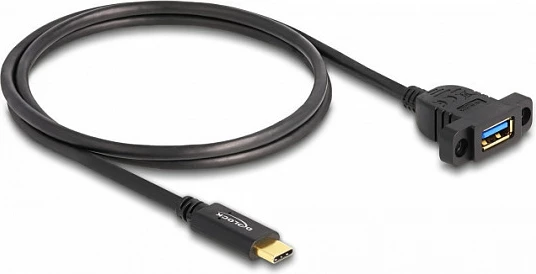 Kabllo USB DeLOCK SuperSpeed 10Gbps, USB-C mashkull në USB-A femër panel-mount, 1 m, e zezë