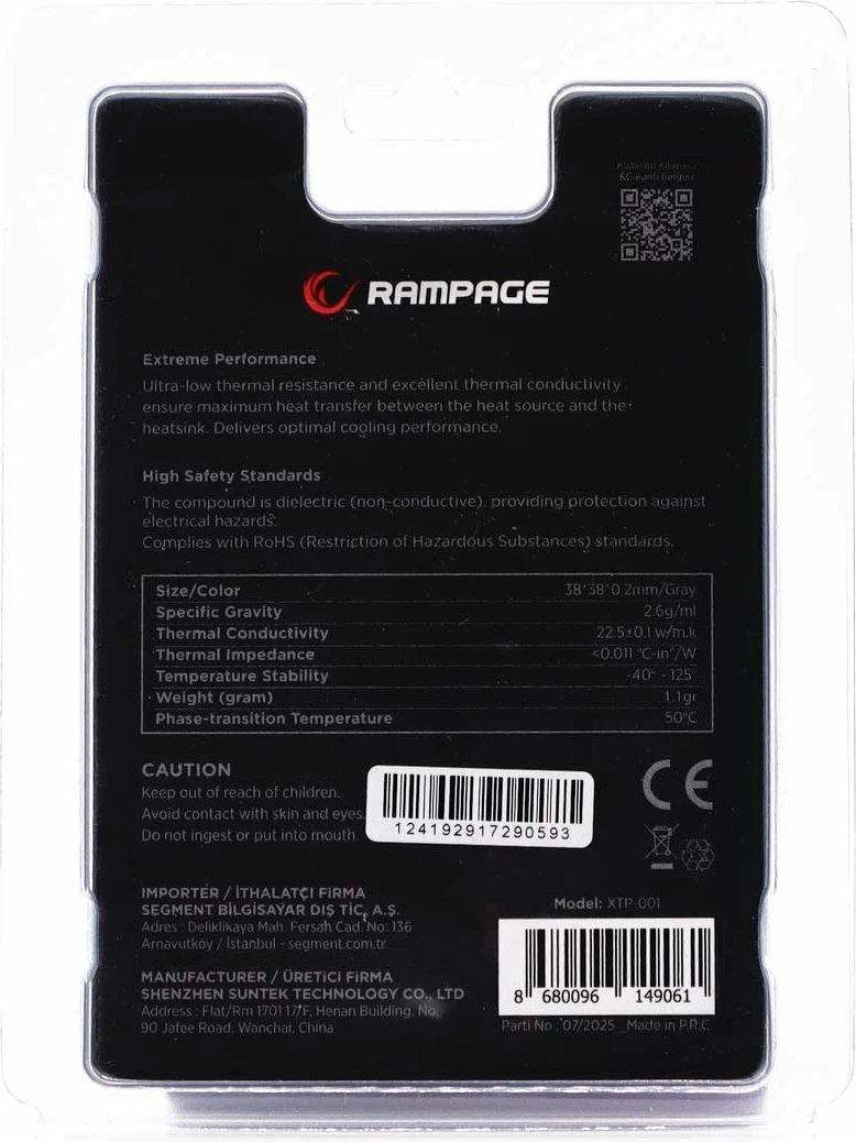 Pad termik Rampage XTP-001 38x38mm 0.2mm 22.5W/mK, gri, 1 copë
