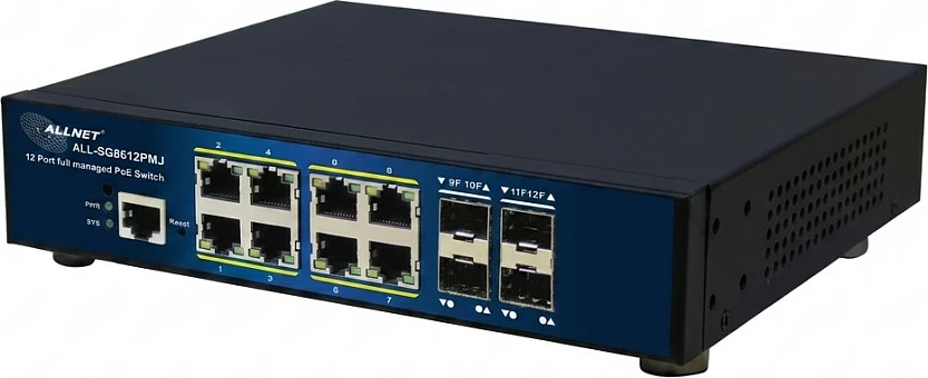 Switch ALLNET ALL-SG8612PMJ, 12 porta, 8x Gigabit PoE+, 4x SFP, 300W, fanless, i zi