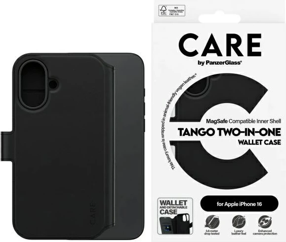 Mbështjellës PanzerGlass CARE Tango 2in1 Wallet për iPhone 16, MagSafe, Zi