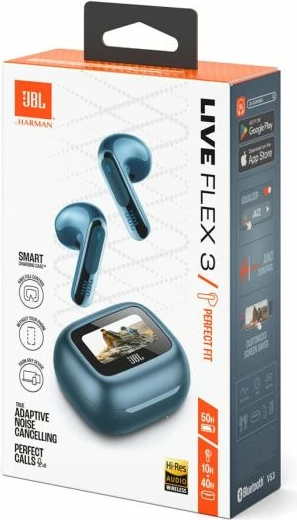 Kufje JBL Live Flex 3, ANC, Bluetooth 5.3, 50 orë, kasë me ekran 1.45\", karikim wireless, me mikrofon, blu