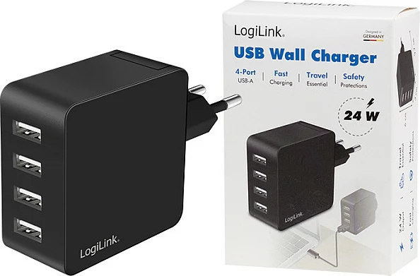 Karikues USB-A LogiLink 24 W, 4 porte, i zi