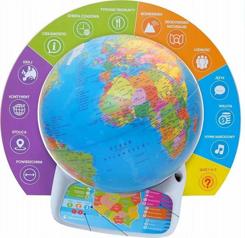 Glob edukativ interaktiv Clementoni Interactive Eduglobus 50847, me stilolaps folës, AR, 500+ kuize, 7+, shumëngjyrësh, set me stilolaps