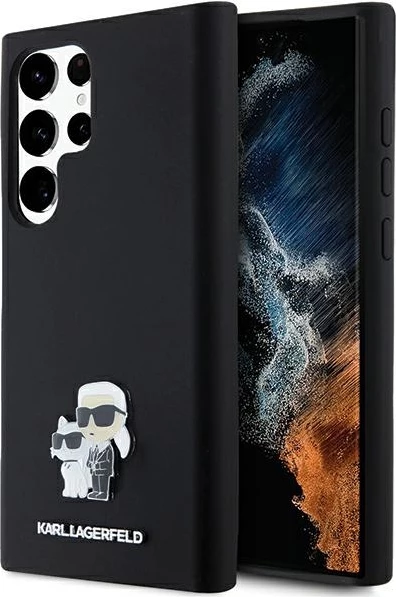 Mbështjellës Karl Lagerfeld Silicone Karl&Choupette Metal Pin për Samsung Galaxy S24 Ultra, i zi