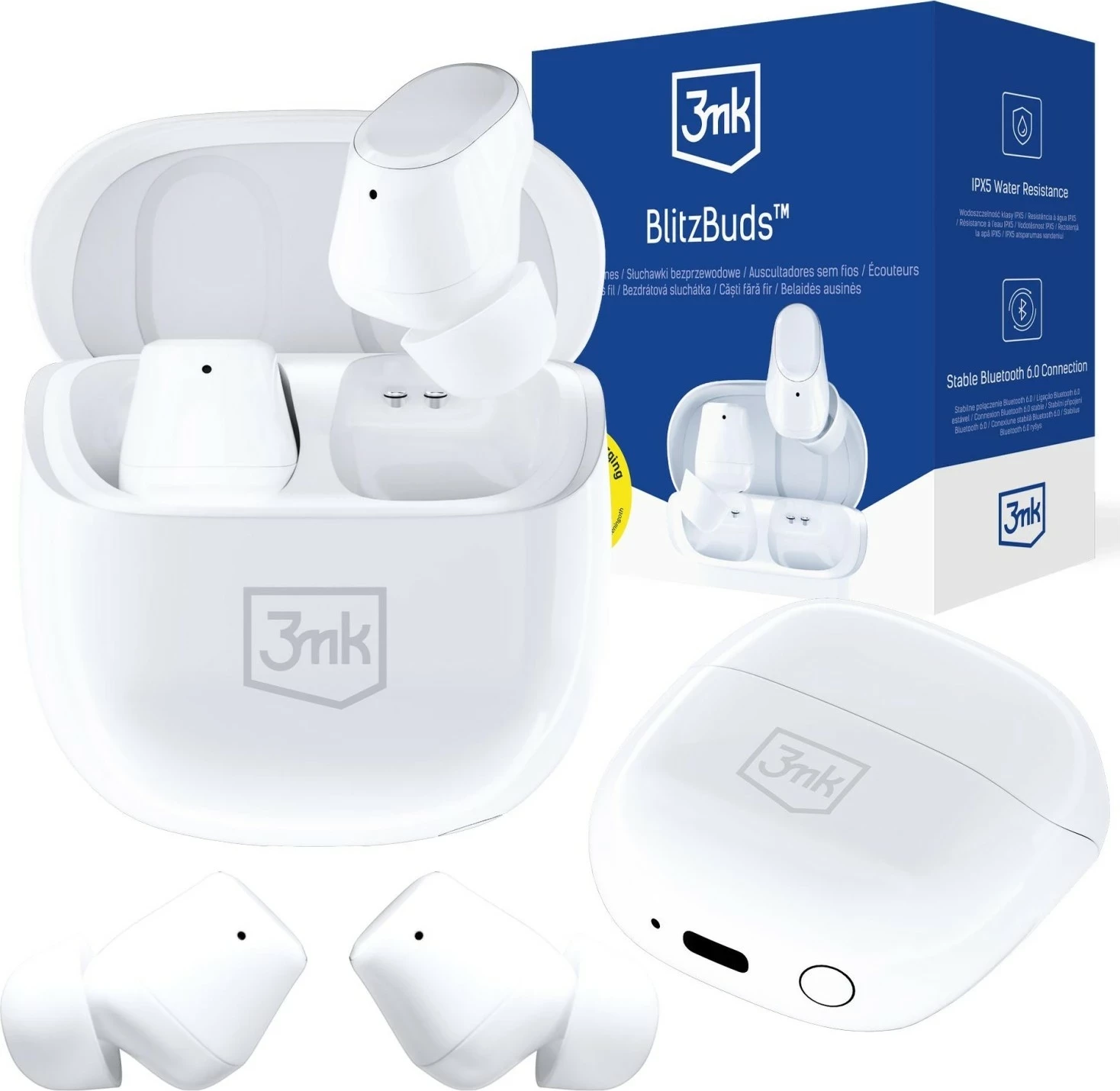 Kufje wireless 3MK BlitzBuds, Bluetooth 6.0, IPX5, të bardha