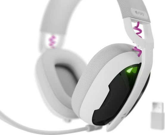 Kufje wireless mbi-vesh Natec Fury Fukiya F6, Bluetooth 5.4, 2.4GHz, mikrofon, 40h, të bardha, me kabllo USB-C