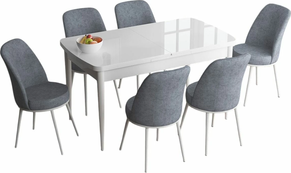 Set tavoline me karrige, e zgjatshme, 7 pjesë, Skye Decor, Han, e bardhë, gri