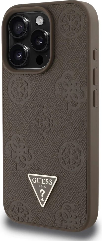 Mbështjellës Guess Grained Hot Stamp Peony Triangle Logo MagSafe për iPhone 16 Pro, Kafe