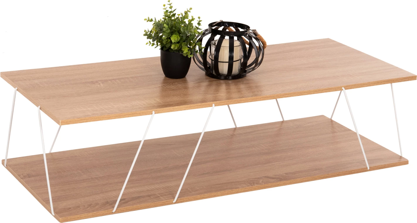 Tavolinë kafeje TARS, ngjyrë sonoma, shufra metali të bardha, 120x50x30H cm