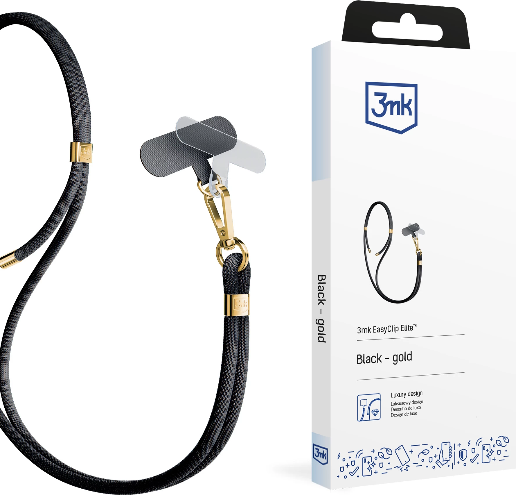 Litar për celular 3mk EasyClip Elite, najlon, i zi me të artë