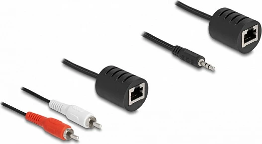 Adapter zgjatues audio stereo DeLOCK, RJ45 në 3.5mm + RJ45 në 2xRCA, Cat5 deri 50 m, set 2 copë, zi/kuqe/bardhë