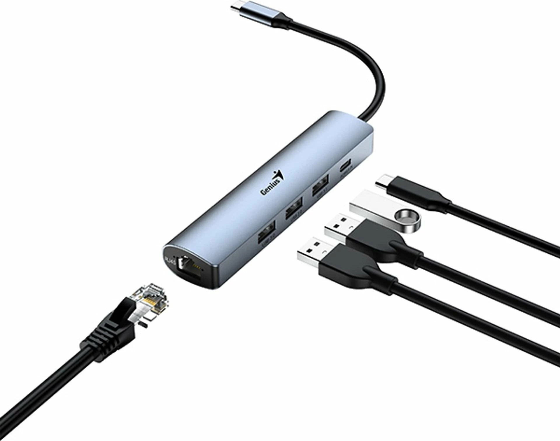 Hub USB-C Genius UH-545, 4 porta (3x USB 3.0, 1x RJ45), gri