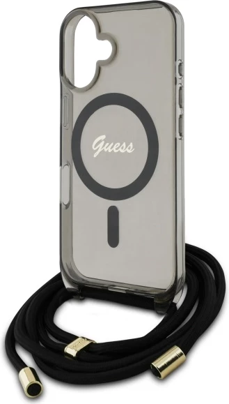 Mbështjellës Guess Crossbody Cord Script MagSafe për iPhone 16, i zi