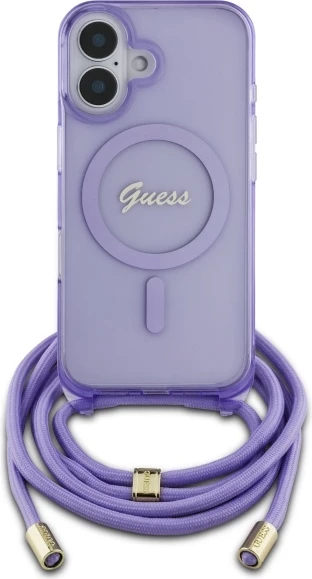 Mbështjellës Guess Crossbody Cord Script MagSafe për iPhone 16, Vjollcë