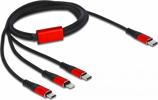 Kabllo karikimi DeLOCK 3-në-1 USB-C në Lightning/Micro-USB/USB-C, 1 m, 3A, e zezë/kuqe