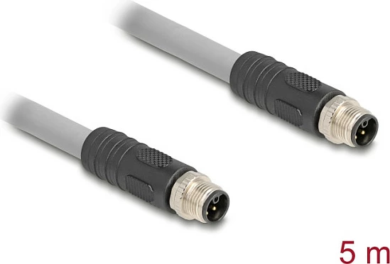 Kabllo DeLOCK M12 L-coded 5-pin, mashkull-mashkull, PUR 5 m, gri