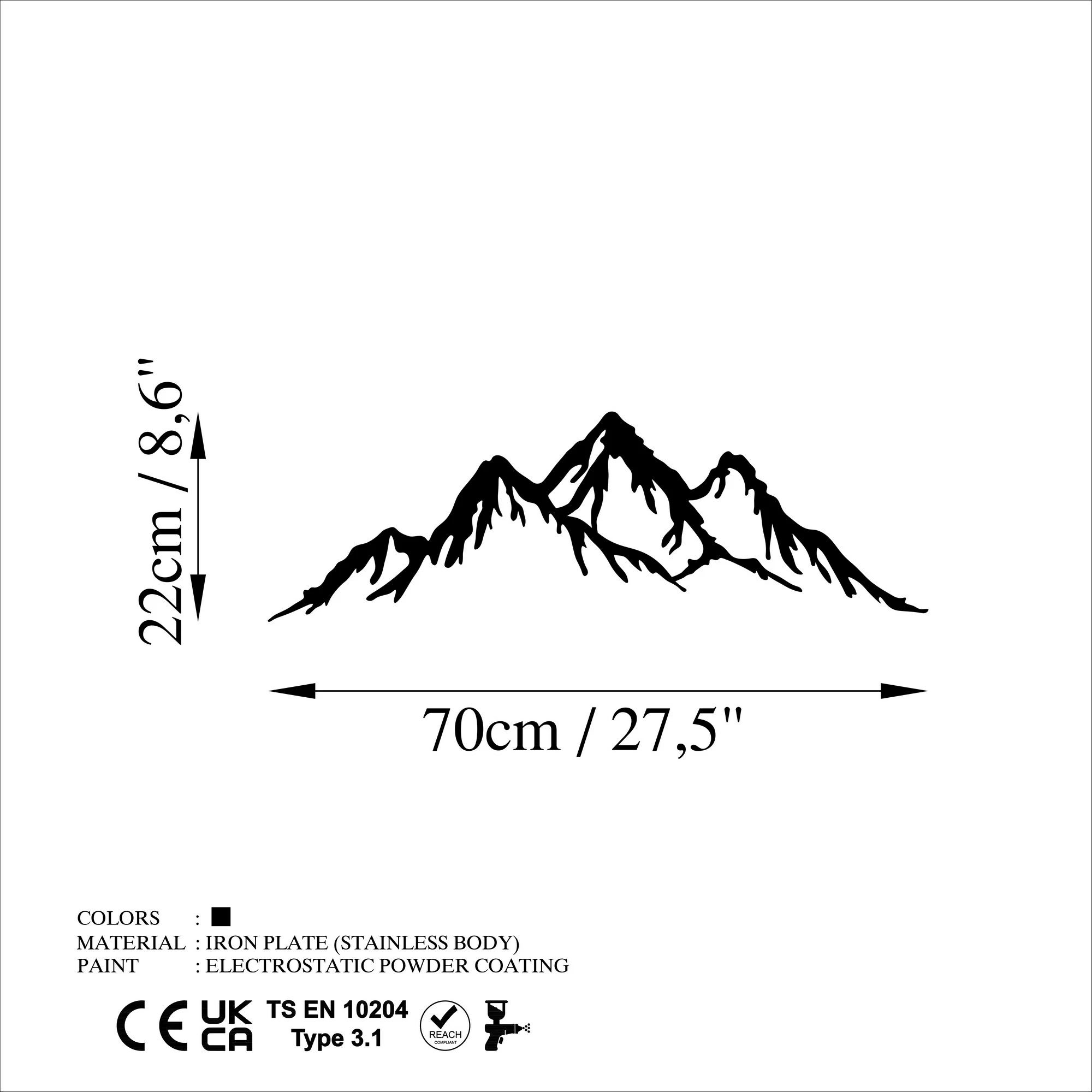 Aksesor dekorativ metalik për mur, mal, Wallity - 5, ngjyrë e zezë, 70x22cm