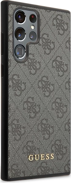 Mbështjellës Guess 4G Metal Gold Logo për Samsung Galaxy S23 Ultra, lëkurë sintetike, Gri