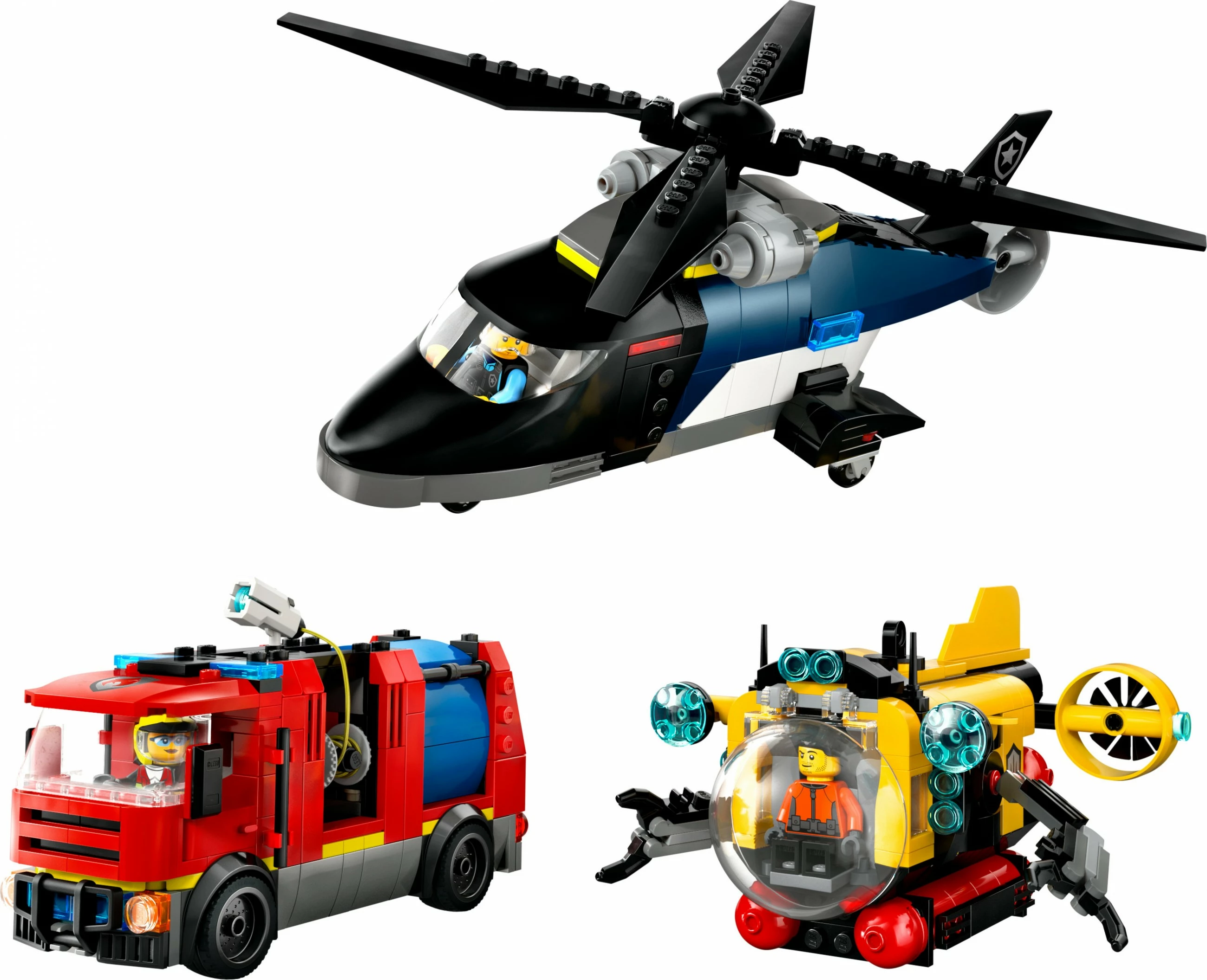 Set ndërtimi LEGO City 60462, helikopter, kamion zjarrfikës, nëndetëse, 874 pjesë, multingjyrësh