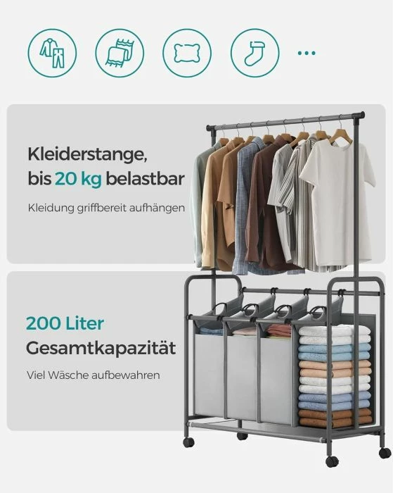 Shportë rrobash SONGMICS RLS44GS, 4 ndarje, 4x50 L (200 L), me rrota dhe frenë, me shufër varëse, gri