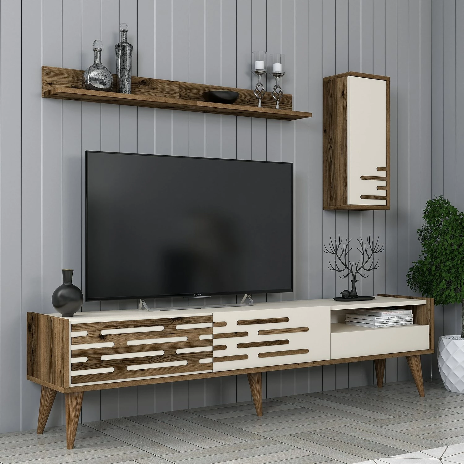 Njësi TV Skye Decor, Valensiya, ngjyrë arre dhe krem