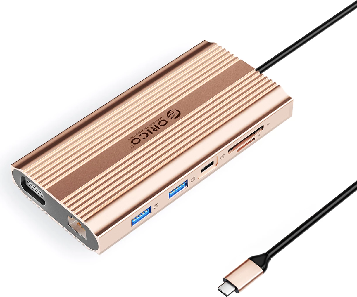 Stacion dokimi USB-C Orico XDR 12-në-1, HDMI 4K, VGA, RJ45 Gigabit, PD 100W, lexues SD/microSD, jack 3.5 mm, Rose Gold