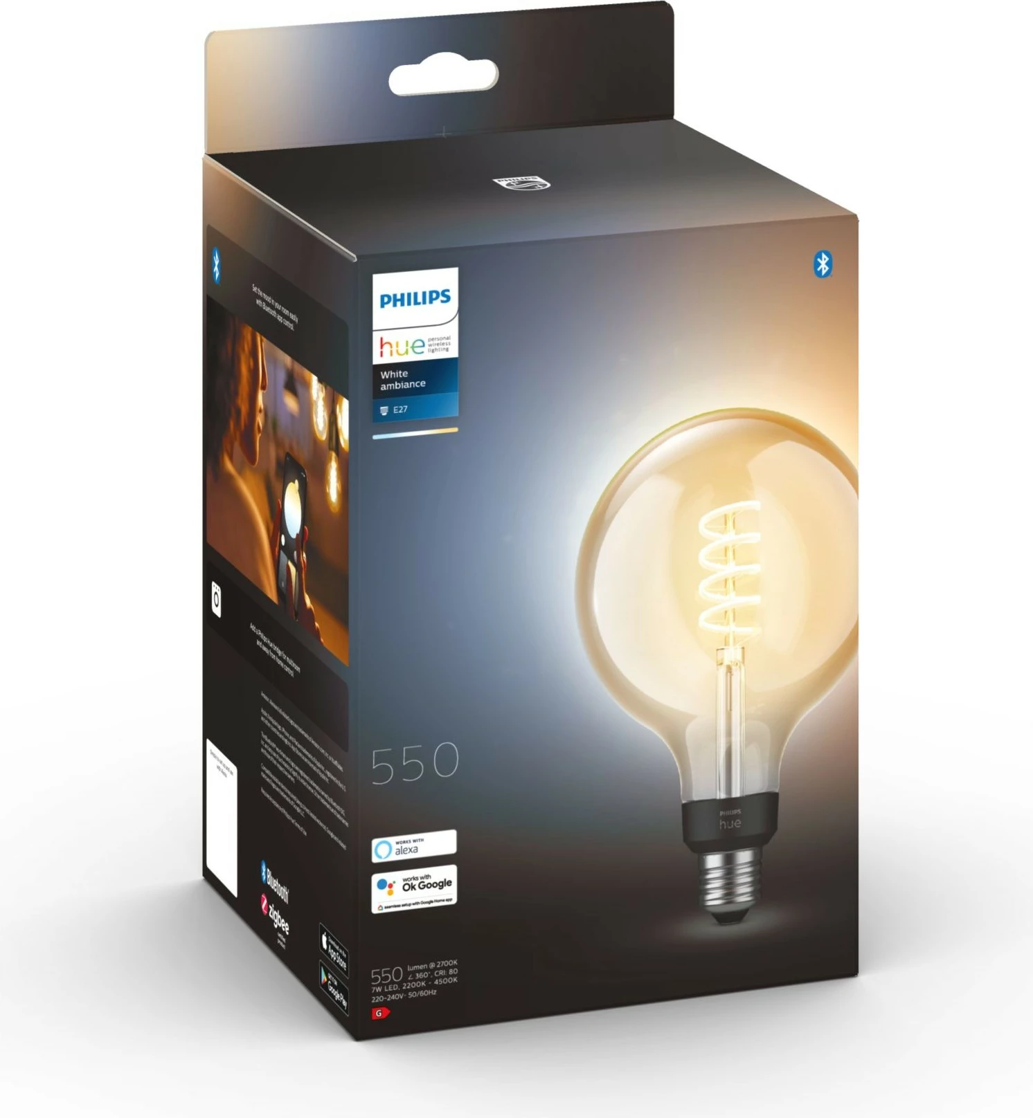 Llambë smart Philips Hue G125 E27, Bluetooth/Zigbee, LED, Dritë e ftohtë, Dritë e ngrohtë