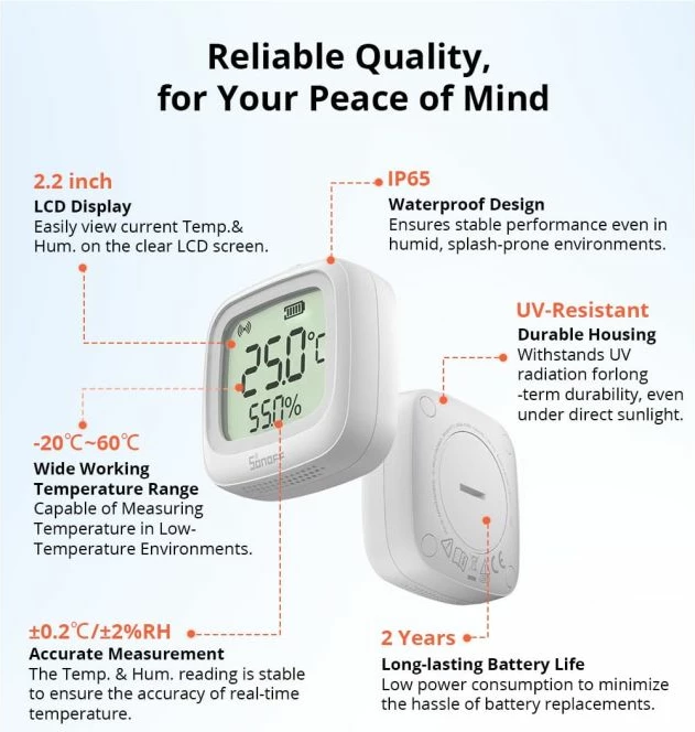 Sensor i mençur temperature dhe lagështie SONOFF SNZB-02WD, Zigbee 3.0, LCD 2.2\", IP65, i bardhë
