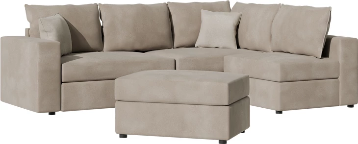 Divan polymorfik i kthyeshëm London, pëlhurë gri-bezhë, jastëkë gri të lehtë, 296x246x95 cm