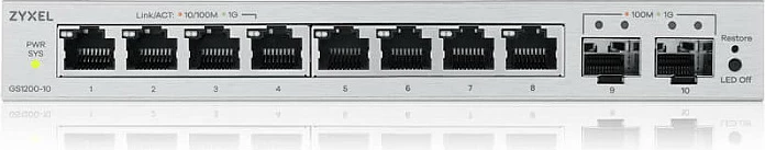 Switch Zyxel GS1200-10v3, 8x Gigabit RJ-45, managed L2, fanless, desktop, ngjyrë gri