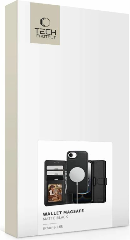 Mbështjellës Tech-Protect Wallet MagSafe për iPhone 16e, i zi, me vend për kartela