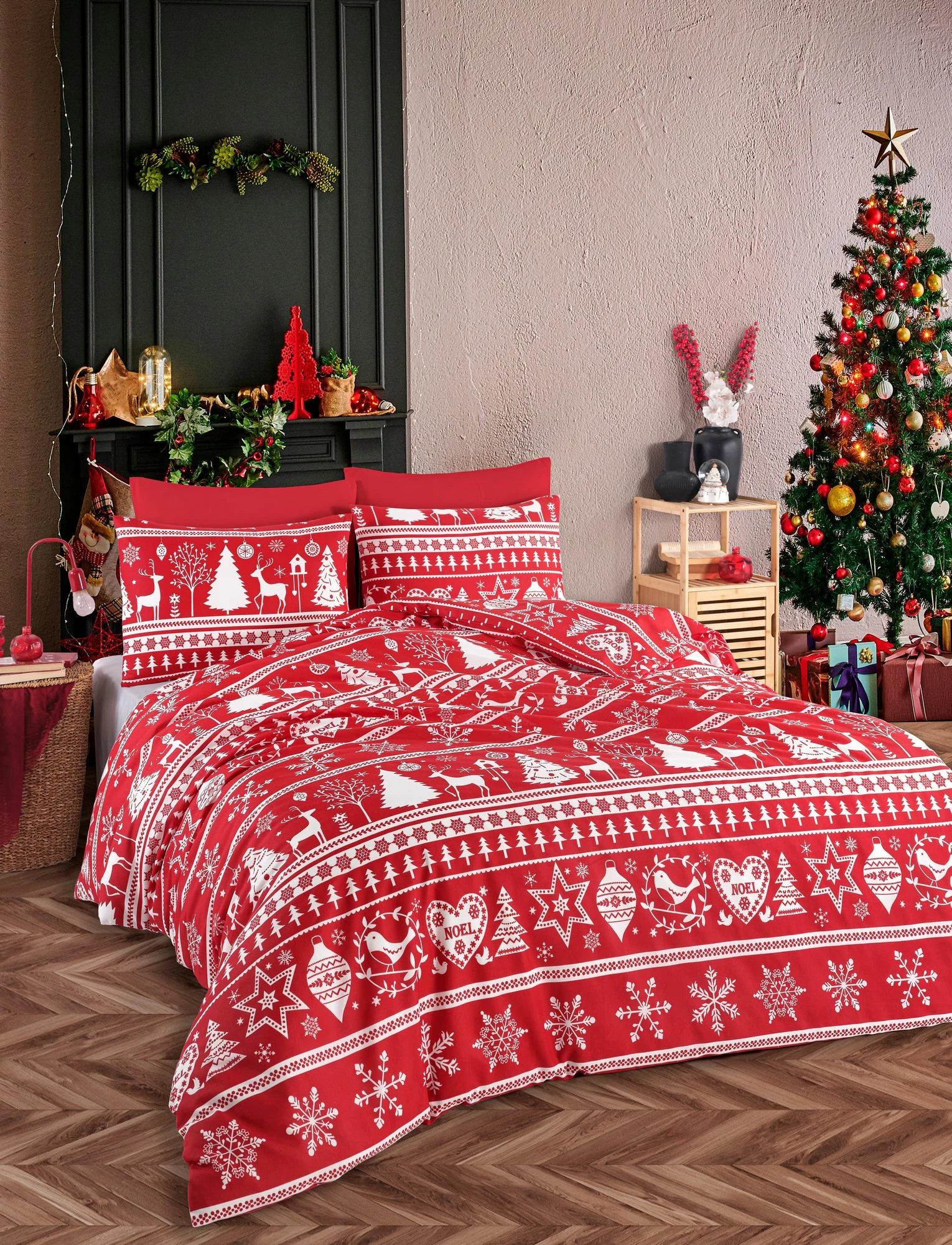 Set mbulesë për jorgan single, ngjyrë e kuqe e thellë dhe e bardhë, L'Essentiel Linge de Maison, Snowmas
