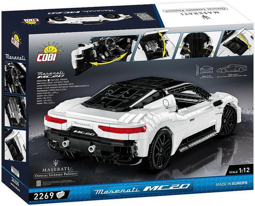 Blloqe ndërtimi Cobi Maserati MC20, 2269 copë, shkallë 1:12, bardhë/zi