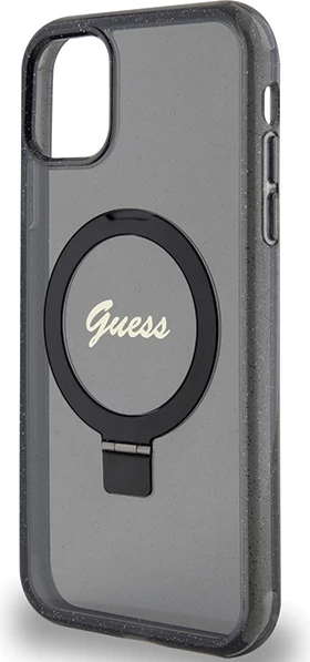 Mbështjellës Guess Ring Stand Script Glitter MagSafe për iPhone 11/XR, i zi