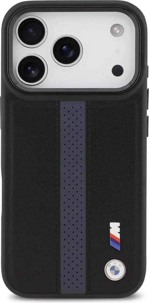 Mbështjellës BMW M Perforated Stripe Logo MagSafe për iPhone 17 Pro, eco-lëkurë/PC/TPU, blu, në kuti