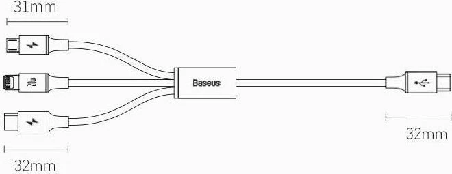 Kabllo USB Baseus Rapid 3in1 CAMLT-SC01, USB-C në USB-C + microUSB + Lightning, 1.5 m, 20W PD, e zezë, 1 copë