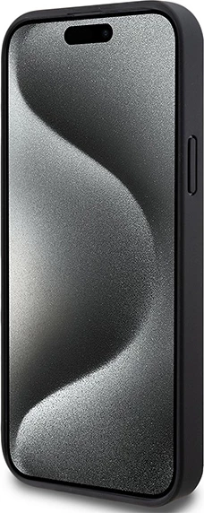 Mbështjellës DKNY Leather Monogram Pattern Metal Logo MagSafe për iPhone 15 Plus / 14 Plus, i zi