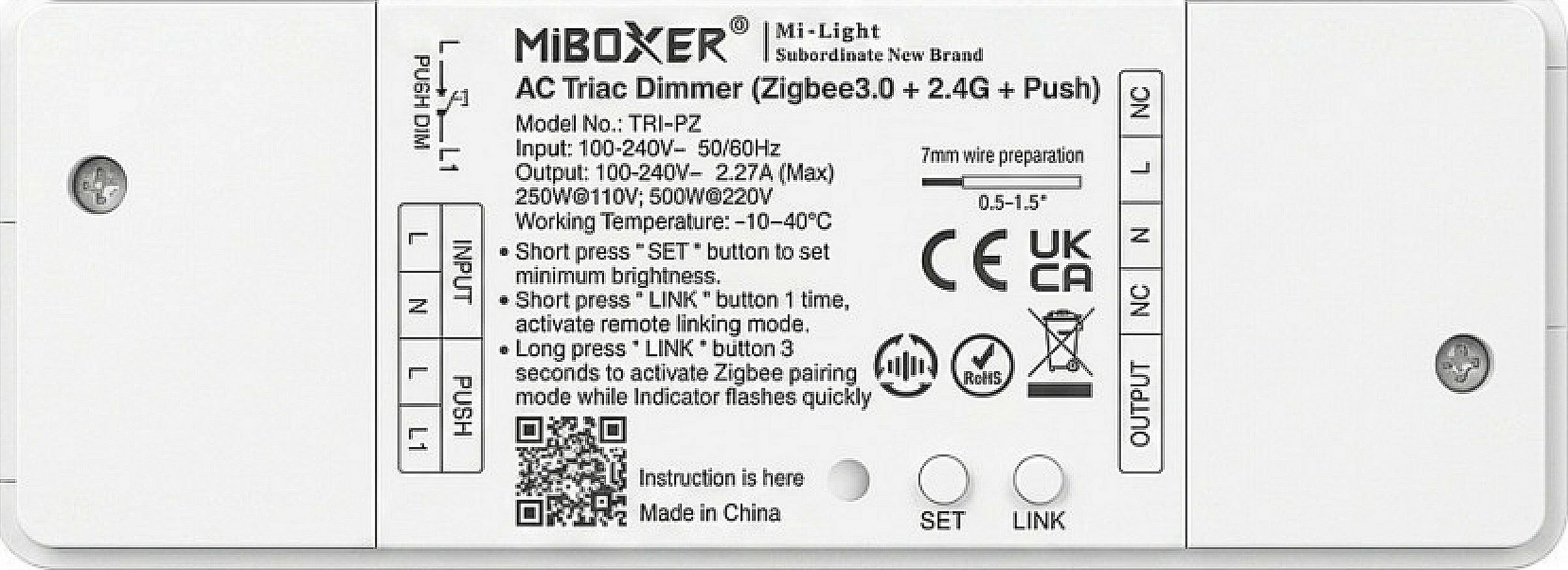 Dimmer LED Miboxer TRI-PZ, AC TRIAC 500W, Zigbee 3.0 + 2.4G + Push