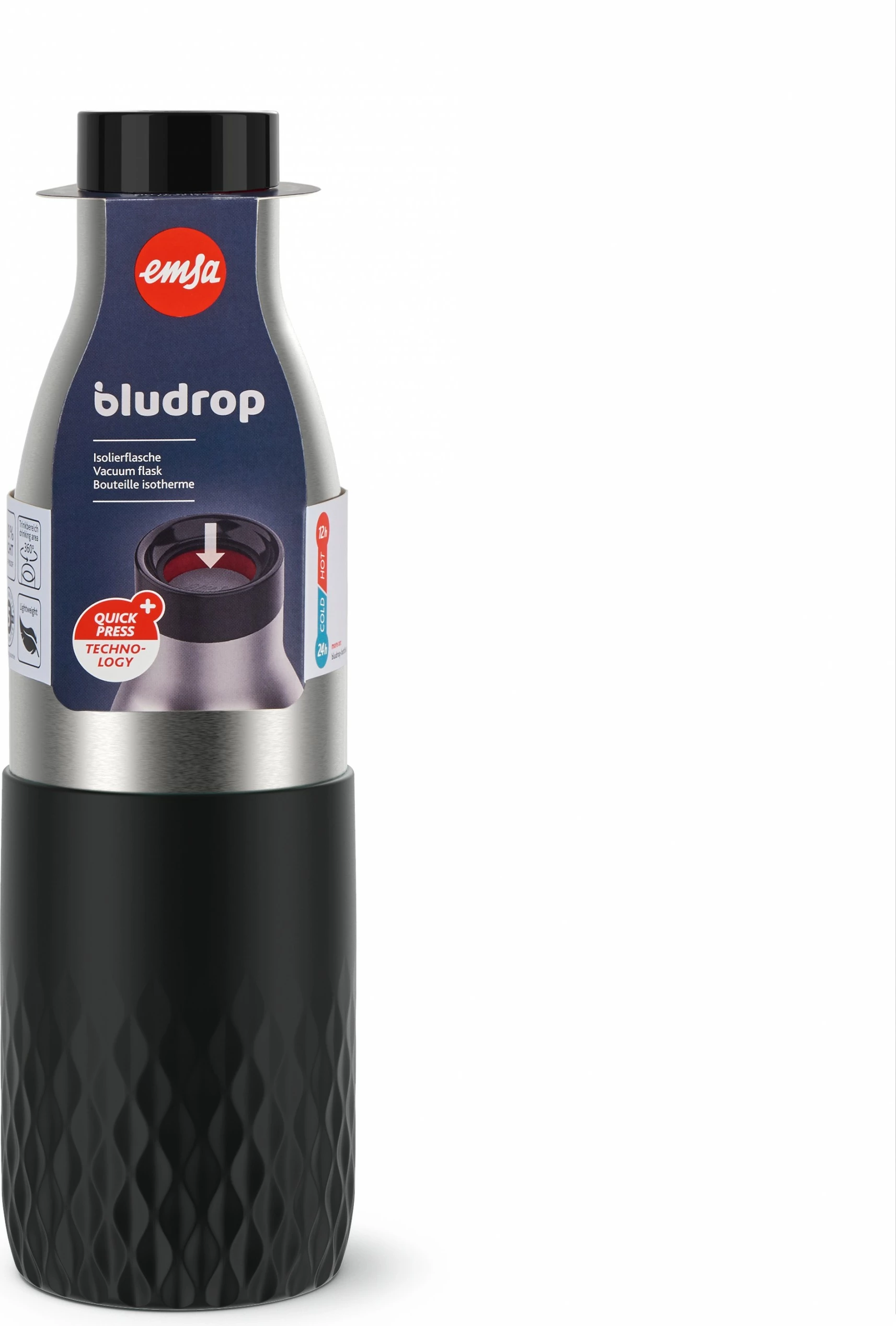 Termos Emsa BLUDROP Sleeve 0.7L, çelik inox, silikon, e zezë