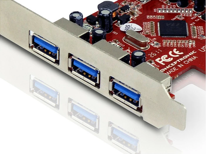 Kartë zgjerimi PCIe1x Conceptronic, 3x USB-A jashtë + 1x USB-A brenda, 5Gbps, kuqe/argjendtë