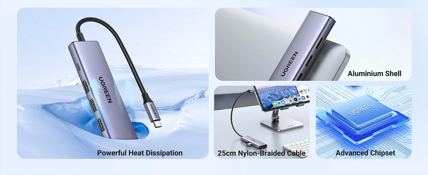 Hub USB-C Ugreen CM511, 6-në-1, HDMI 4K, 3x USB-A, lexues SD/TF, argjendtë