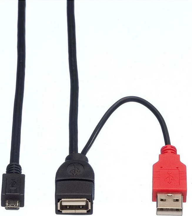 Kabllo USB ROLINE USB 2.0 Y, 2x USB-A (mashkull + femër) në Micro-USB B, 1 m, e zezë