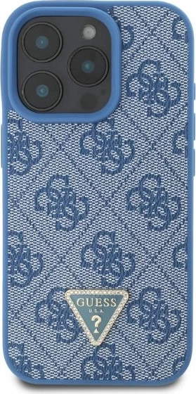 Mbështjellës Guess Leather 4G Triangle Strass për iPhone 16 Pro, MagSafe, Blu