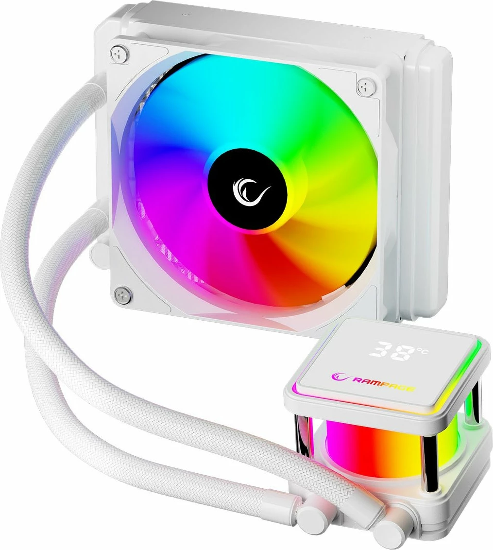 Ftohës uji AIO Rampage INFINITE V120 120 mm ARGB me ekran temperature, i bardhë