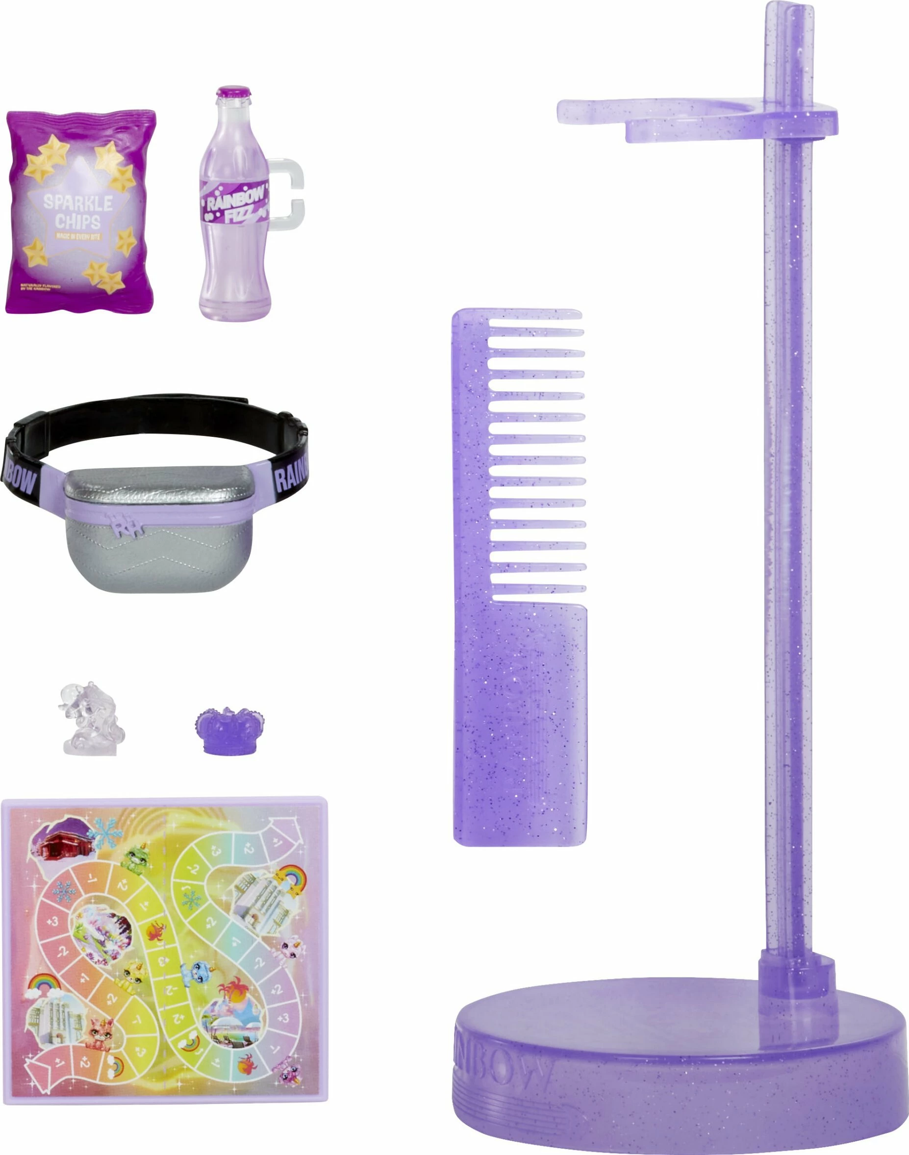 Kukull mode MGA Rainbow High Viola Sparkle & Shine, 28 cm, këmbë me glitter, vjollcë, set me mbajtëse