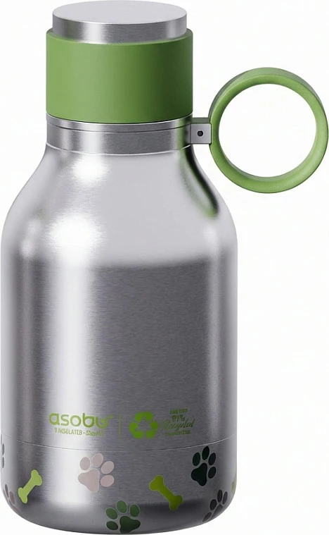 Shishe uji për qen Asobu, inox e ricikluar me tas, argjendtë/jeshile