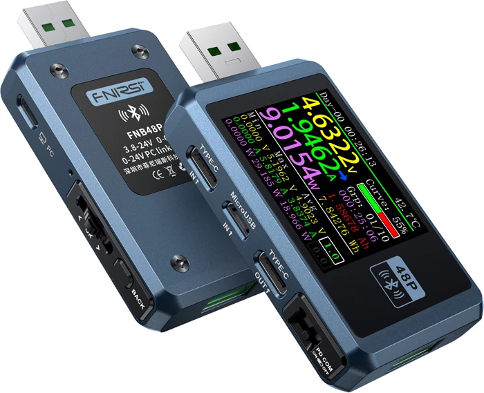 Tester porte USB FNIRSI FNB48P BT, 4–24 V, 0–6.5 A, Bluetooth, ekran 1.77", blu