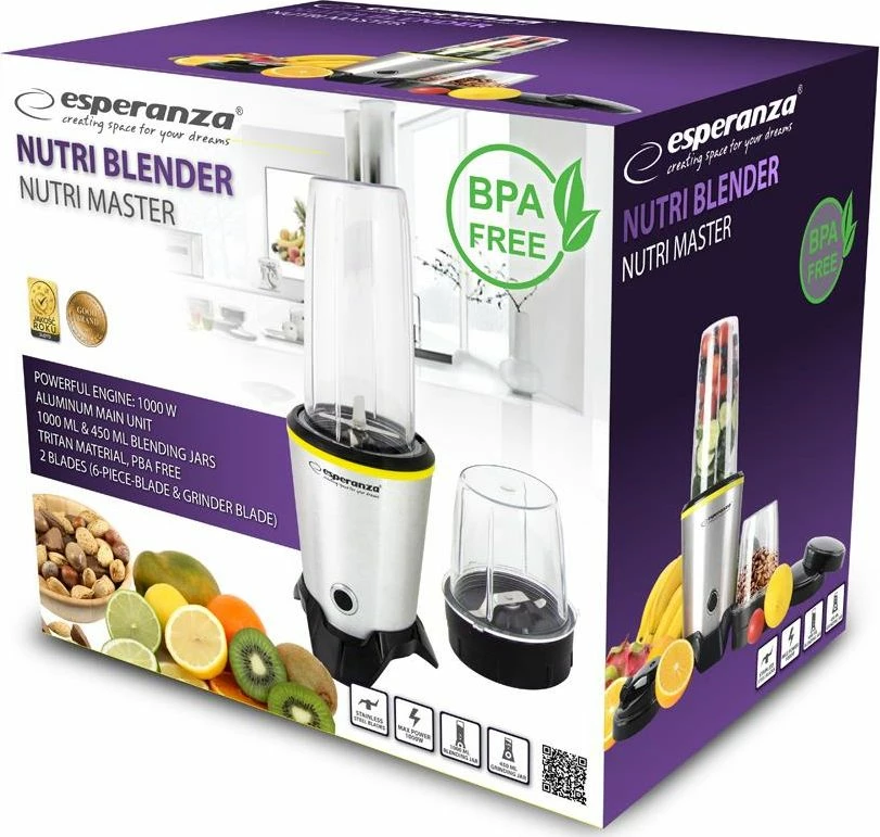 Blender Esperanza EKM028, 1000W, 1L, zi/argjendtë, set me 2 gota
