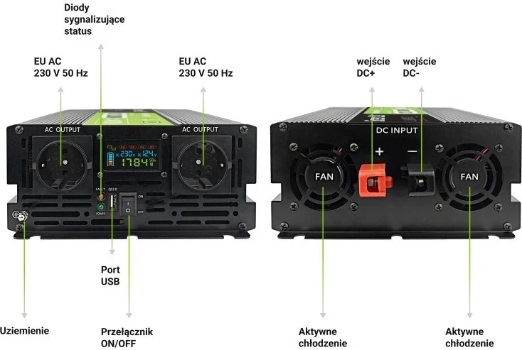 Inverter për makinë Green Cell PowerInverter LCD 12V në 230V 2000W/40000W me ekran LCD - valë të pastër